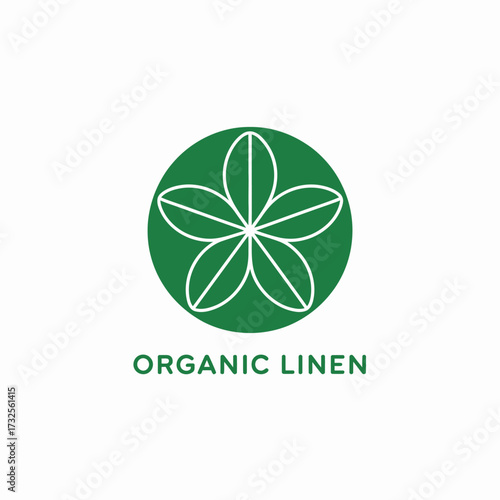 A logo design featuring a stylized flower in a green circle, ideal for promoting organic linen products and representing natural textiles sustainably.