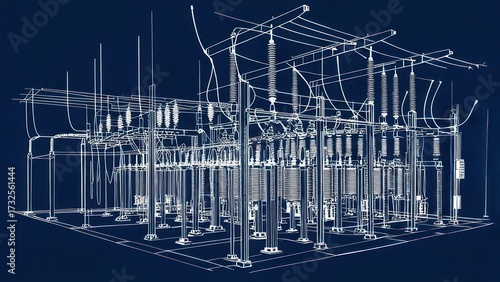 Wireframe blueprint of an electrical substation on a dark blue background.