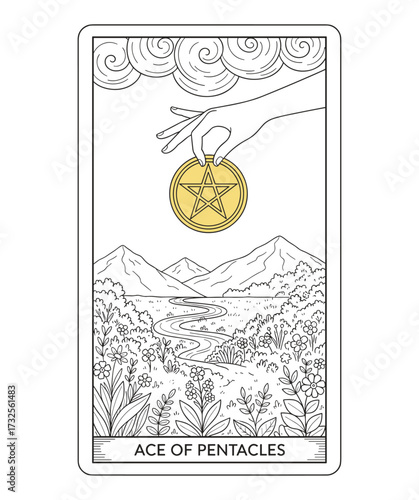 Ace of Pentacles tarot card in line art style
