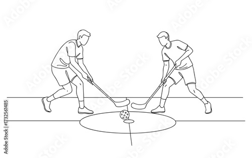 Two athletes playing floor hockey in line art style