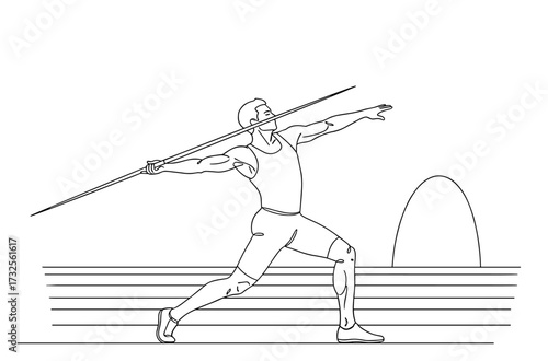 Athlete throwing javelin in line art style with black and white
