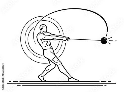 Athlete throwing hammer in line art style with black and white