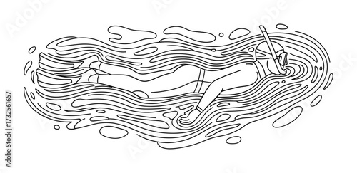Person snorkeling in water in line art style with black and white