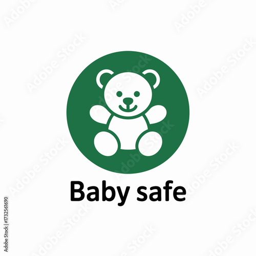 This image features a cute teddy bear emblem with the caption 'Baby safe', emphasizing child safety and innocence for products aimed at infants and young children.