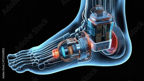 X-ray view of human foot with internal mechanical components, representing a bionic or prosthetic limb.