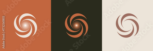 This image features an abstract swirl pattern on three distinct backgrounds showcasing dynamic color contrasts and an engaging visual flow that is captivating.