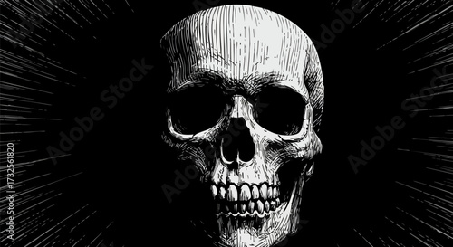 Detailed skull illustration with radiating lines against a stark black background