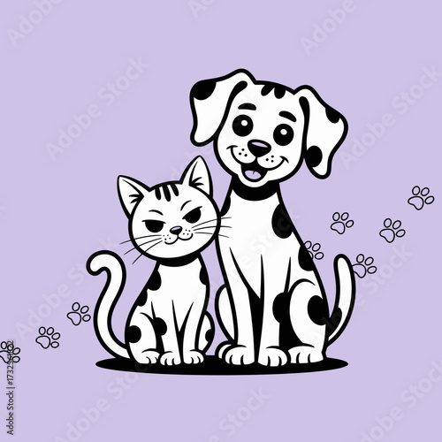 A delightful cartoon illustration of a dog and a cat sitting together. Their playful expressions and companionship make this image perfect for pet lovers and animal enthusiasts.