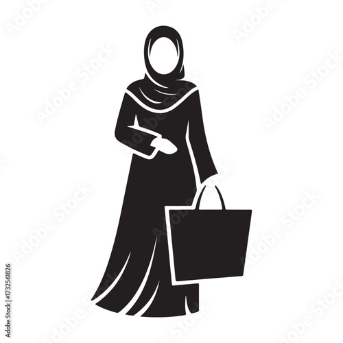 Woman wearing hijab and abaya holding a shopping bag silhouette