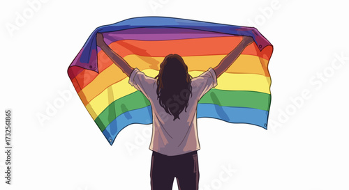 Person holding rainbow pride flag aloft in support of lgbtq rights and freedom