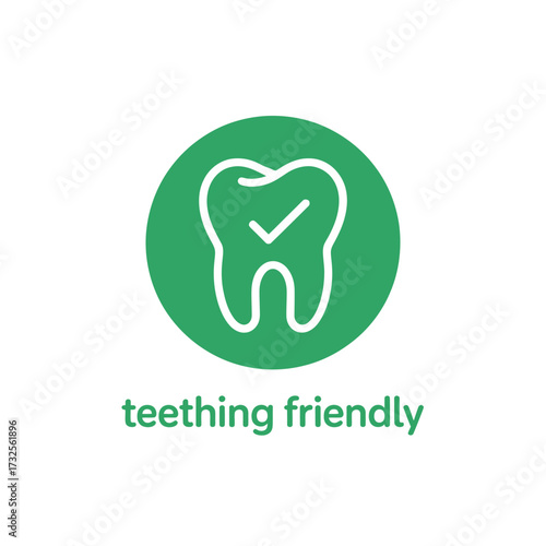 This modern dental logo showcases a friendly tooth icon with a green color scheme, promoting safety and suitability for children undergoing teething phases.