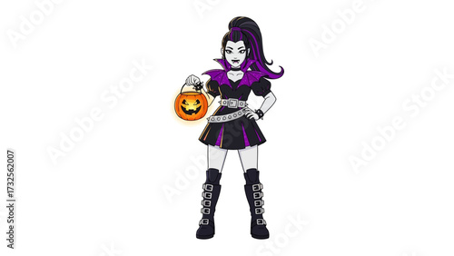Halloween Witch with Glowing Pumpkin: A captivating illustration of a Halloween witch in an elegant gothic ensemble, complete with a charmingly illuminated pumpkin, perfect for seasonal festivities.