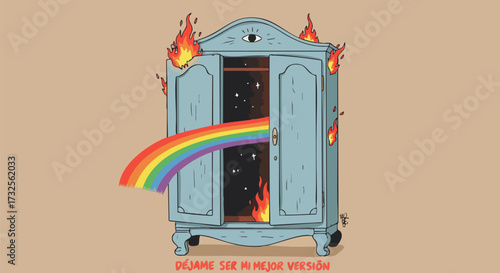 Burning closet with rainbow and eye symbolizes selfdiscovery and acceptance