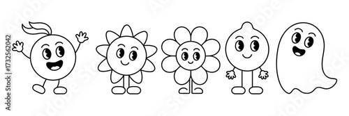 This fun image portrays a series of cute character designs, including a playful ball, smiling flower, and lemon, perfect for coloring enthusiasts and cheerful art lovers alike.