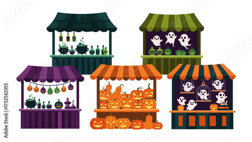 Spooky Halloween Booths: A collection of whimsical Halloween booths offering potions, pumpkins, and ghostly treats, each a miniature wonderland of spooky delight.