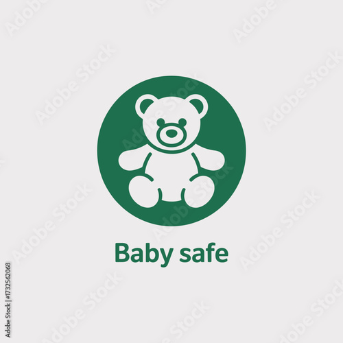 A minimalistic design of a teddy bear with a present for the caption 'Baby safe', illustrating comfort and safety for products catering to infants and toddlers.