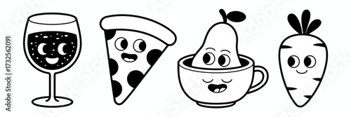 This illustration features adorable cartoon food characters, including a drink, pizza, pear, and carrot, all exhibiting expressive faces and emotions, promoting fun and friendship.