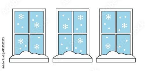Winter window with snowflakes and snowdrifts, flat design