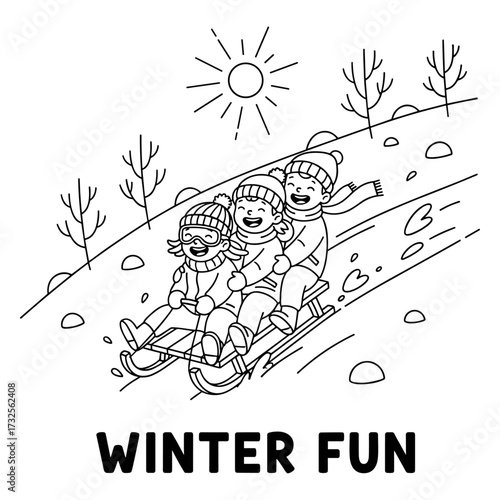 Children sledding in winter line drawing in black and white
