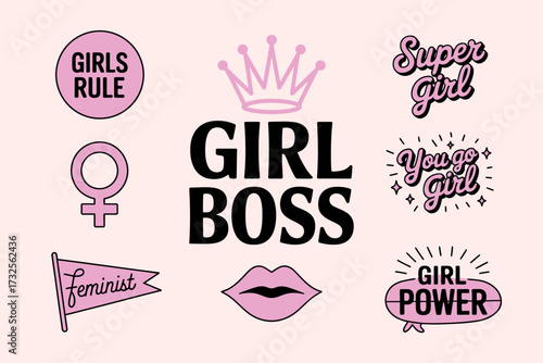 This vibrant image showcases a collection of feminist messages styled attractively in pink tones, designed to inspire and empower a modern audience with girl power themes.