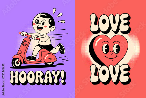An energetic illustration showing a young boy riding a scooter, showcasing excitement and movement in a fun, vibrant graphic design perfect for children.