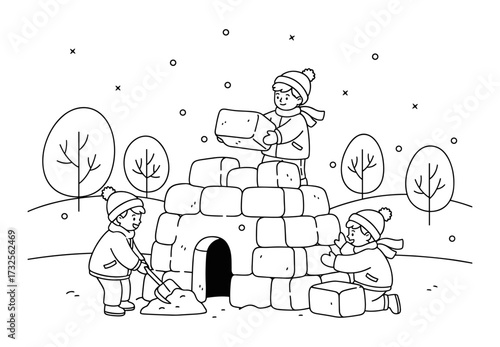 Children building igloo line art illustration in black and white