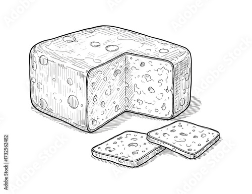 Swiss cheese block with slices line drawing in black and white