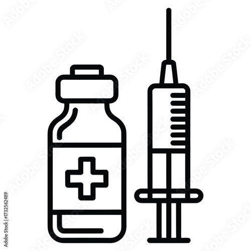 Simple black and white icon of a medical syringe and vaccine vial with cross symbol
