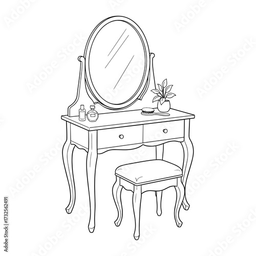 Dressing Table with Mirror in Line Art Style in Black and White