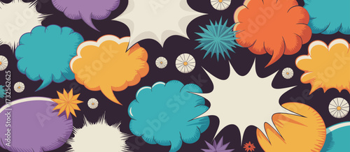 A dynamic composition featuring colorful comic-style speech bubbles against a dark background, conveying conversation, expression, and vibrancy in visual storytelling elements.