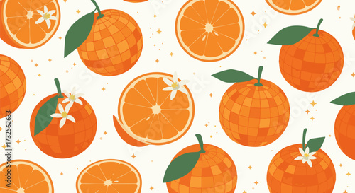 Vibrant orange fruit pattern with flowers and leaves on a bright background design