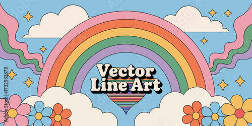 A vibrant rainbow arcs over playful clouds in this colorful vector artwork, creating a sense of joy, positivity, and a whimsical nature that connects to human emotions.