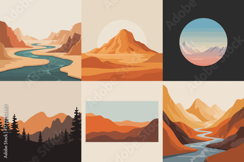 This artwork presents stylized mountains and a winding river in warm hues, capturing a harmonious blend of nature and abstract elements in a visually striking composition.
