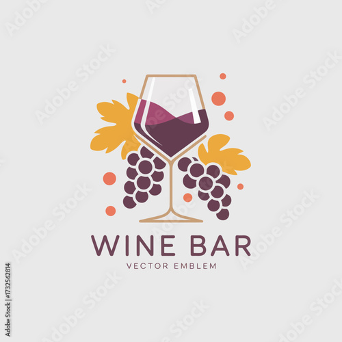 A colorful and vibrant emblem representing a wine bar, featuring a wine glass and grape cluster, perfect for promoting wine-related ventures or events.