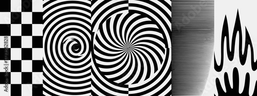An engaging collection of black and white spiral motifs and geometric shapes that draw attention, symbolize motion, and enhance visual dynamics with their rhythmic patterns and designs.