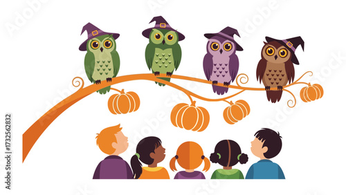 Owl Watch: A gathering of young children gazes up at a perched group of cartoon owls, all adorned with whimsical witch hats, nestled on a tree branch, pumpkins adorn the branch, all coming together.