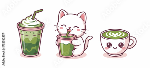 This playful cat illustration showcases a cute kitty sipping matcha drinks alongside a cheerful coffee cup. The charming and colorful design brings joy and warmth to art lovers.