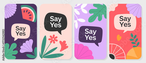 A set of colorful cards with motivational phrases 'Say Yes', embellished with vibrant illustrations and engaging designs, promoting positivity and creativity.