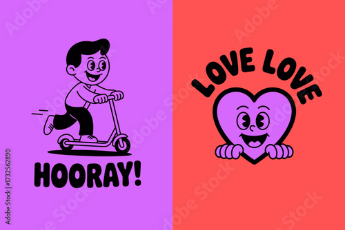 An adorable illustration of a playful boy scootering alongside a heart character, exuding happiness and fun in a colorful design that appeals to children.