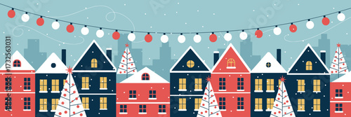 An illustrated winter village scene presenting colorful houses adorned with festive decorations, creating a joyful and bright atmosphere during the holiday season.