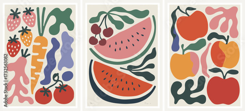 This fun collection of fruit and vegetable graphics embodies the joy of healthy eating through playful shapes and colors, evoking a sense of freshness and vitality.