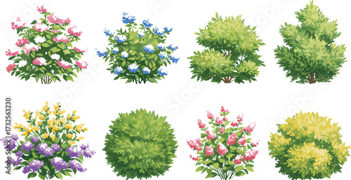 Bush and shrub illustration set, cartoon garden plants, colorful foliage icons, landscaping clipart pack, nature design elements, vector hedge graphics, outdoor assets