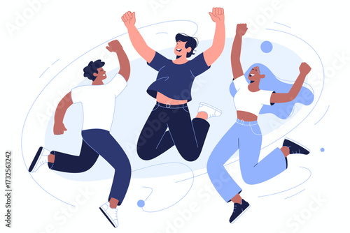 A cheerful group of three young adults joyfully jumping in the air, showcasing happiness, excitement, and friendship in a vibrant and playful manner.