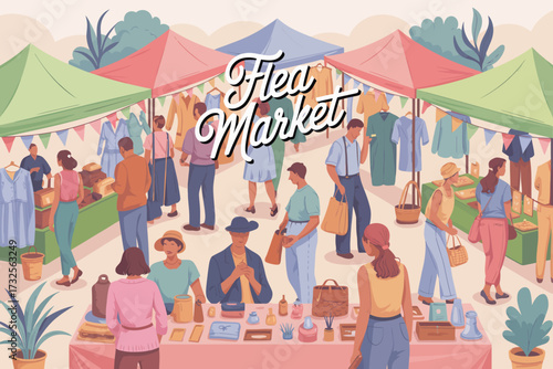 A bustling flea market scene featuring vibrant tents with varied products, people shopping, and enjoying a lively atmosphere filled with excitement and culture.
