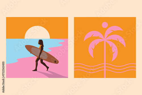A serene scene showcasing a surfer walking along the beach with a surfboard during sunset, symbolizing freedom, adventure, and the wonderful beach life experience.