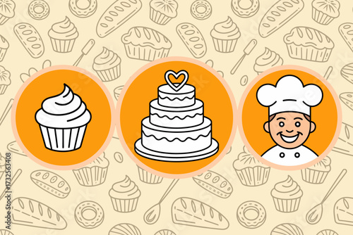 A delightful illustration featuring a cupcake, a beautifully decorated cake, and a cheerful chef, embodying the joy of baking and culinary creativity.