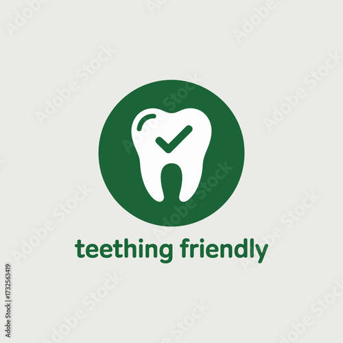 This minimalistic dental logo presents a tooth icon with a green circle backdrop, highlighting its teething-friendly attributes ideal for children's dental products.