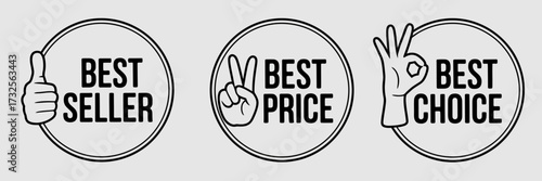 This image showcases three distinct icons representing best seller, best price, and best choice, ideal for use in marketing, advertising, and product promotion.