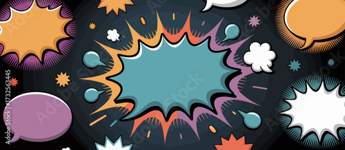 An energetic design featuring explosive comic-style speech bubbles set against a dark canvas, illustrating vibrant conversation bursts that evoke excitement and dynamic storytelling.