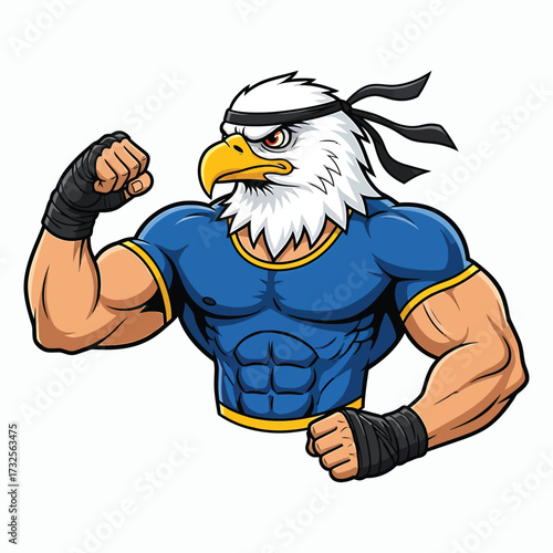Muscular eagle warrior flexing biceps with determined expression